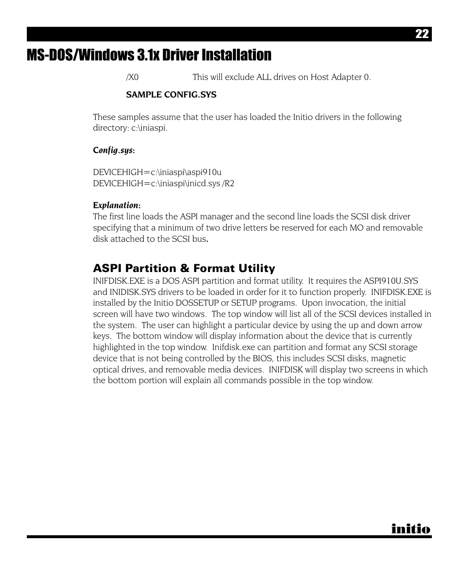 Ms-dos/windows 3.1x driver installation, Initio | Initio I/O HIGHWAY User Manual | Page 26 / 62