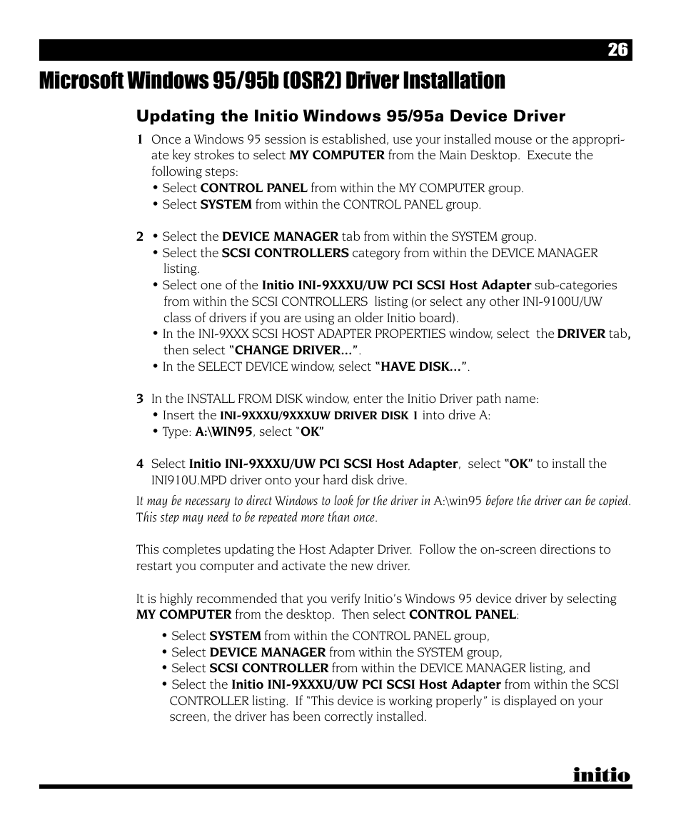 Initio, Updating the initio windows 95/95a device driver | Initio I/O HIGHWAY User Manual | Page 30 / 62