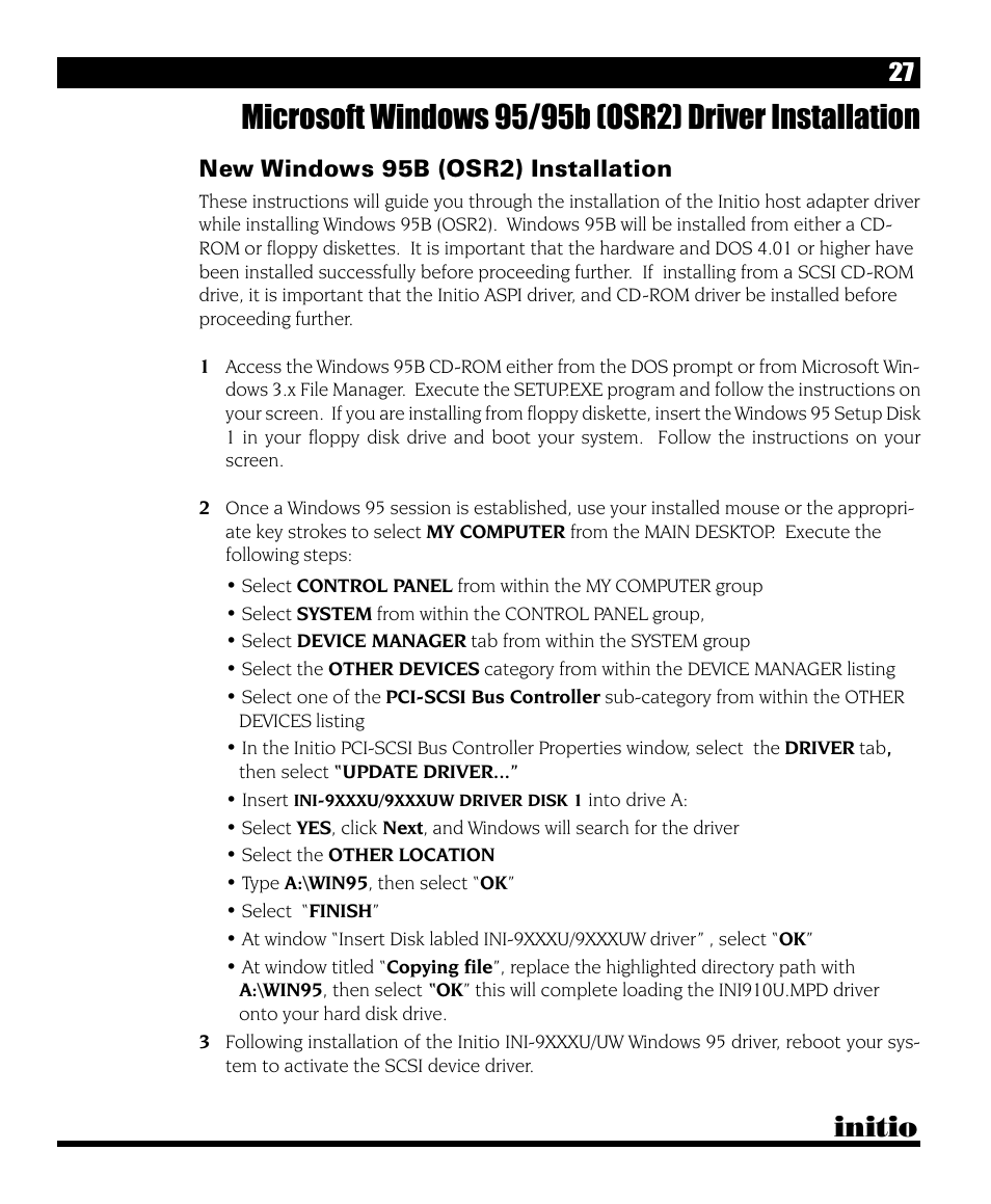 Initio, New windows 95b (osr2) installation | Initio I/O HIGHWAY User Manual | Page 31 / 62