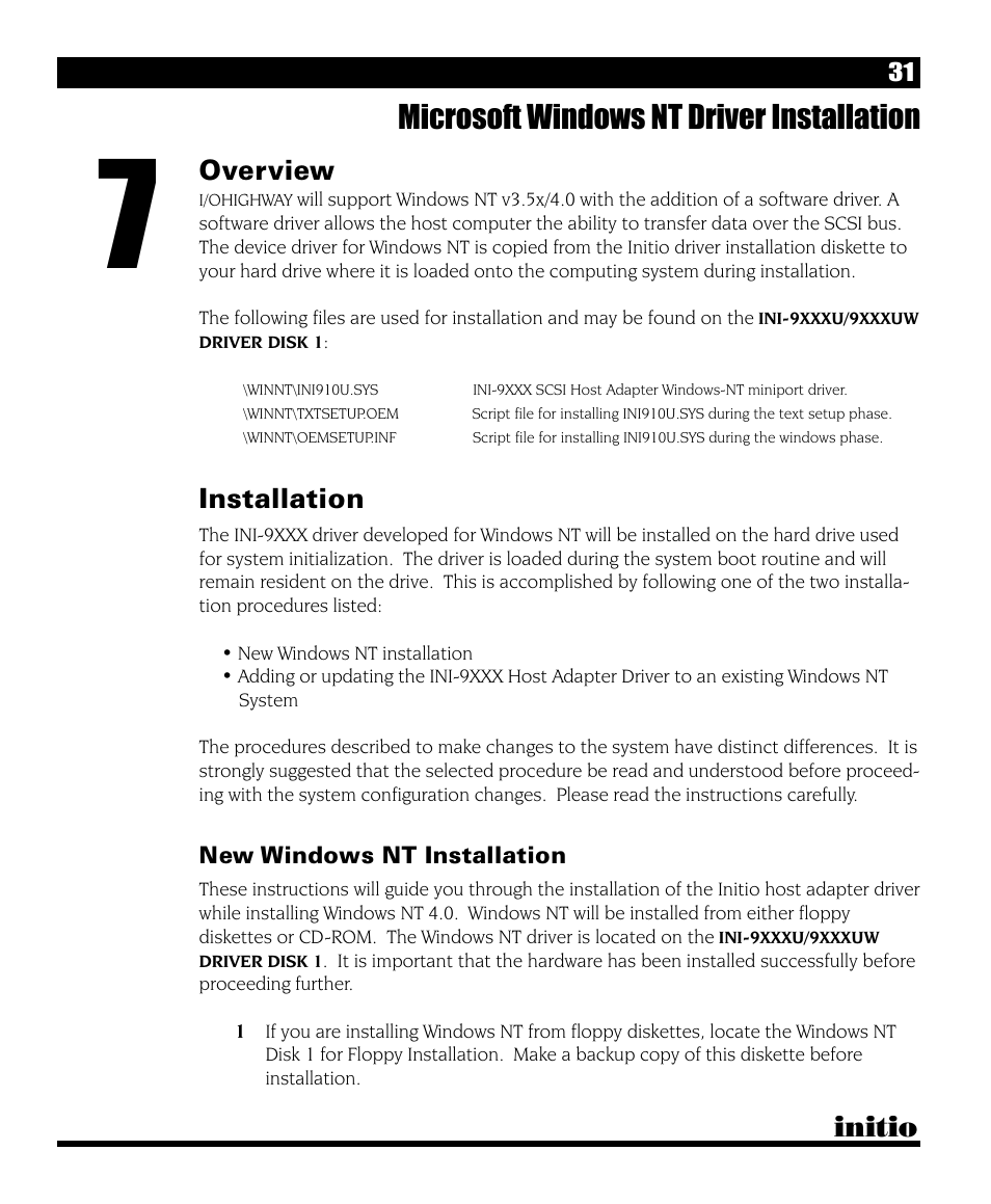 Microsoft windows nt driver installation, Initio, Overview | Installation | Initio I/O HIGHWAY User Manual | Page 35 / 62