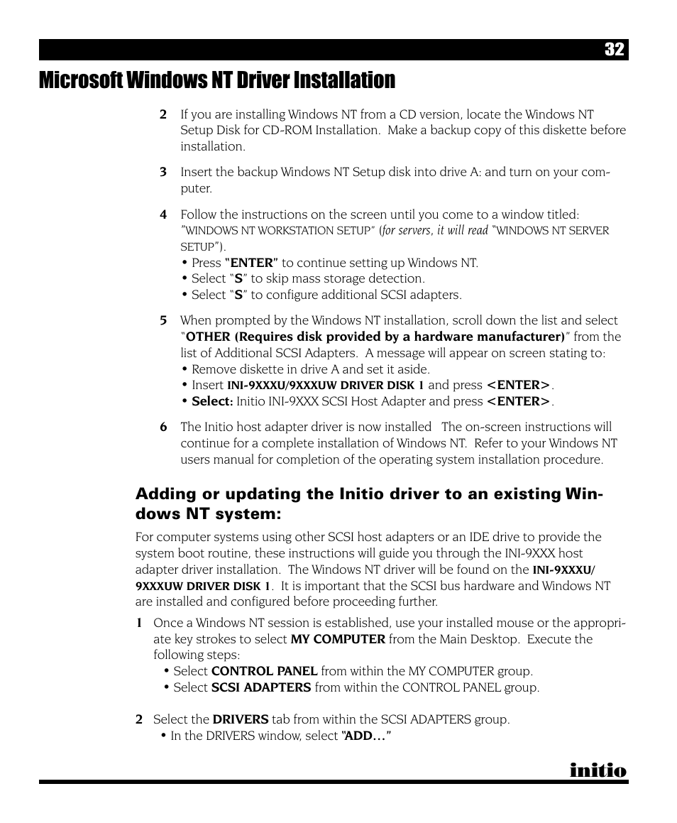 Microsoft windows nt driver installation, Initio | Initio I/O HIGHWAY User Manual | Page 36 / 62