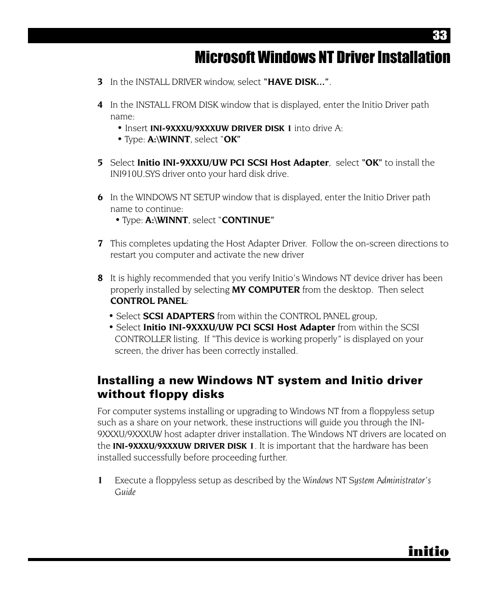 Microsoft windows nt driver installation, Initio | Initio I/O HIGHWAY User Manual | Page 37 / 62
