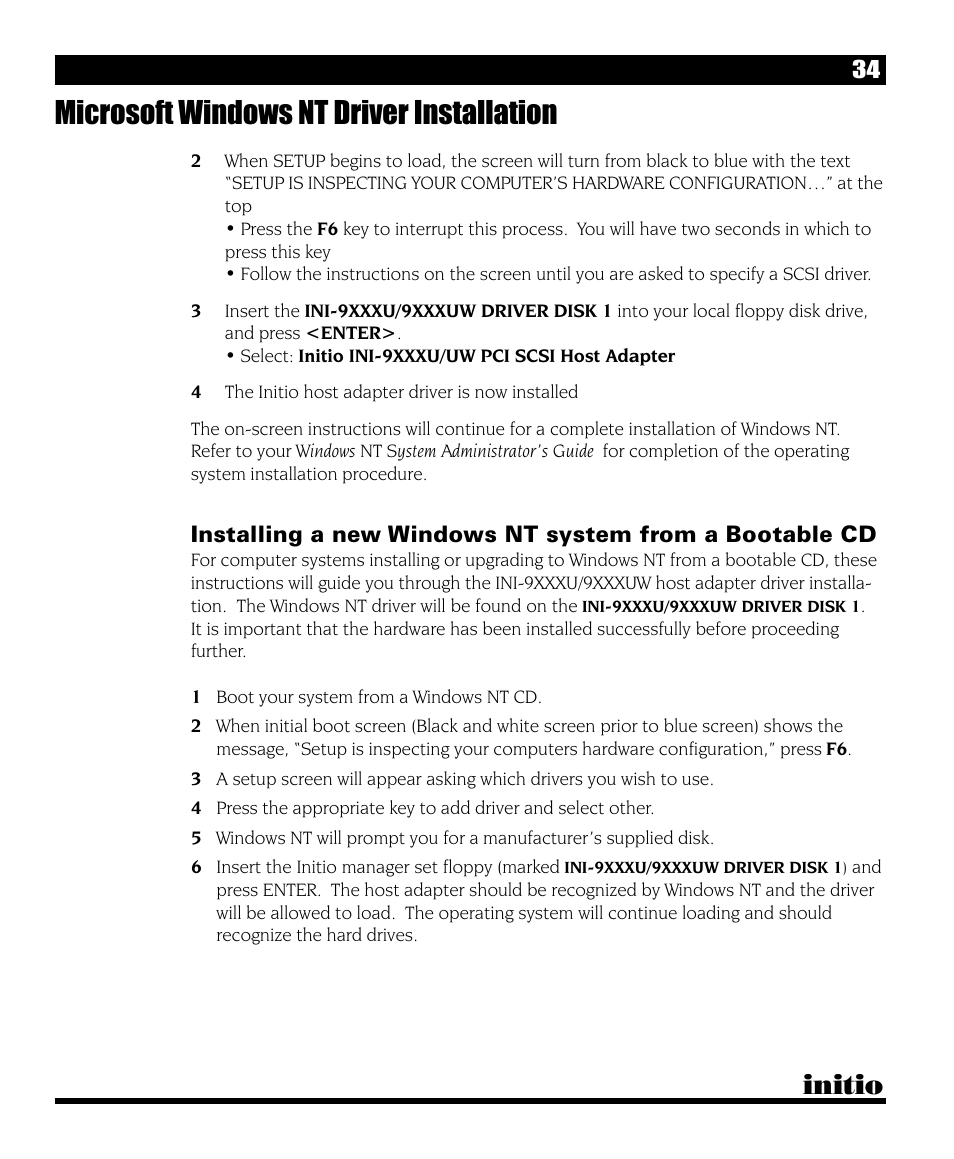 Microsoft windows nt driver installation, Initio | Initio I/O HIGHWAY User Manual | Page 38 / 62