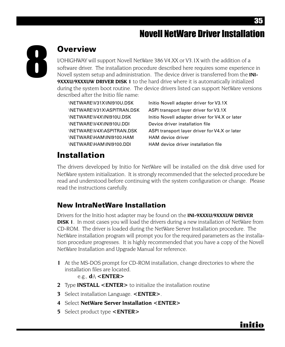 Novell netware driver installation, Initio, Overview | Installation | Initio I/O HIGHWAY User Manual | Page 39 / 62