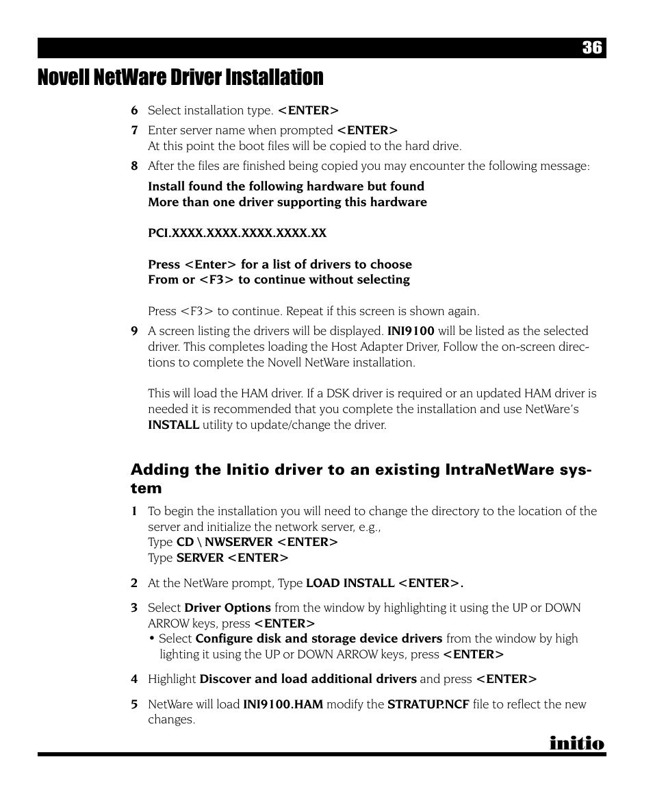 Novell netware driver installation, Initio | Initio I/O HIGHWAY User Manual | Page 40 / 62