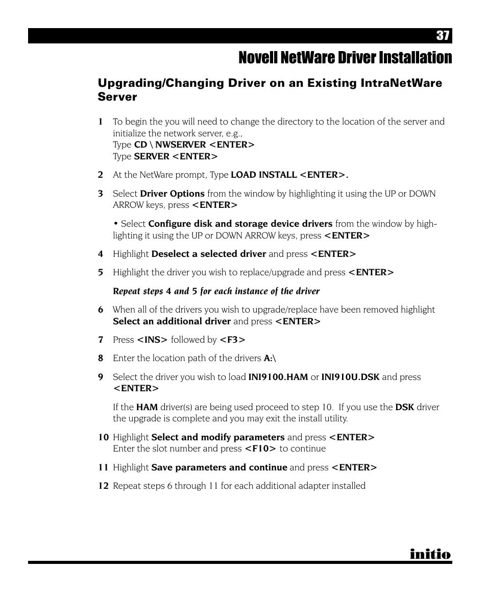 Novell netware driver installation, Initio | Initio I/O HIGHWAY User Manual | Page 41 / 62