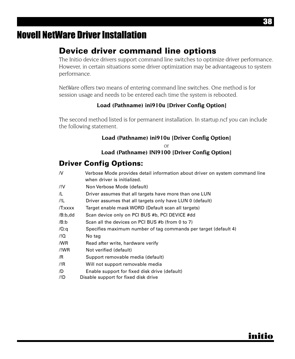 Novell netware driver installation, Initio, Device driver command line options | Driver config options | Initio I/O HIGHWAY User Manual | Page 42 / 62