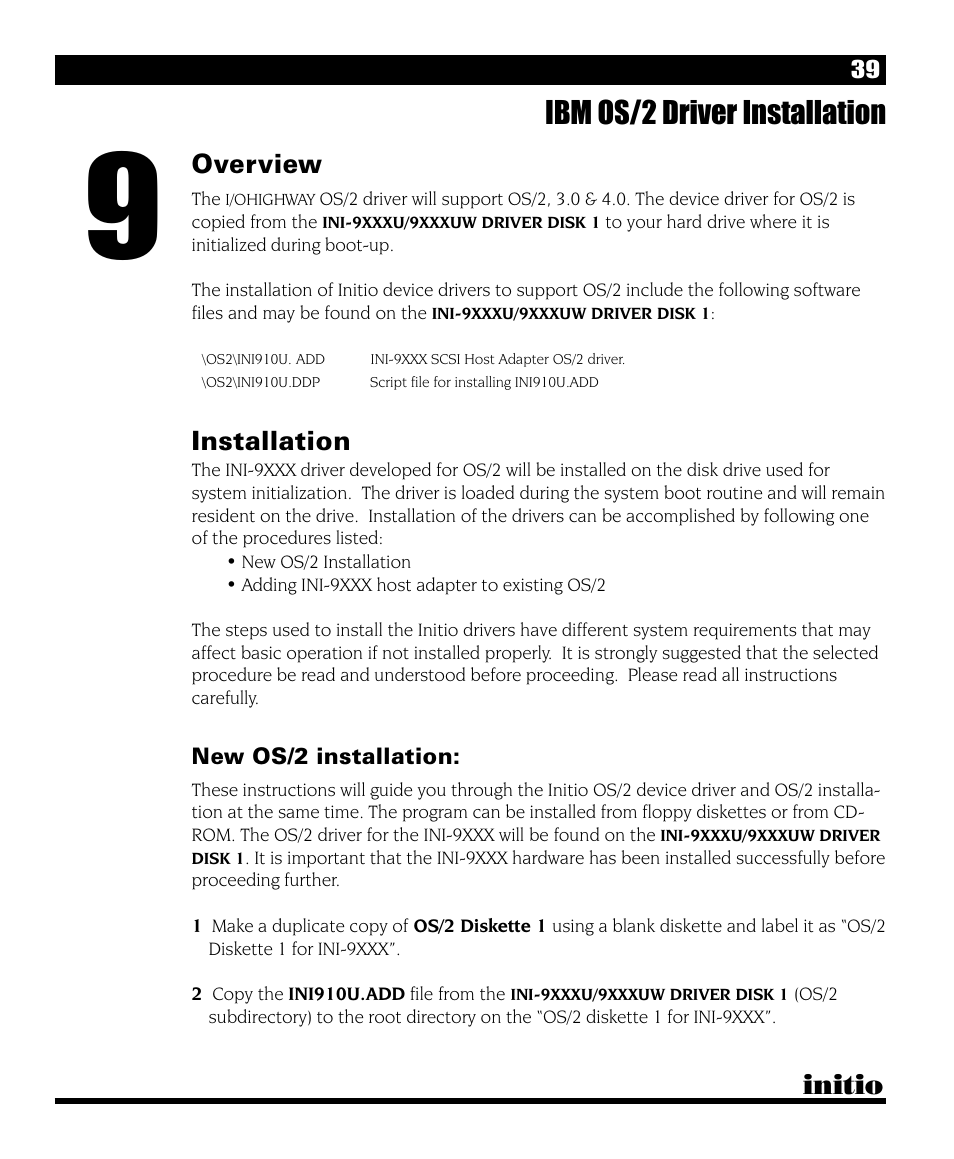 Ibm os/2 driver installation, Initio, Overview | Installation | Initio I/O HIGHWAY User Manual | Page 43 / 62