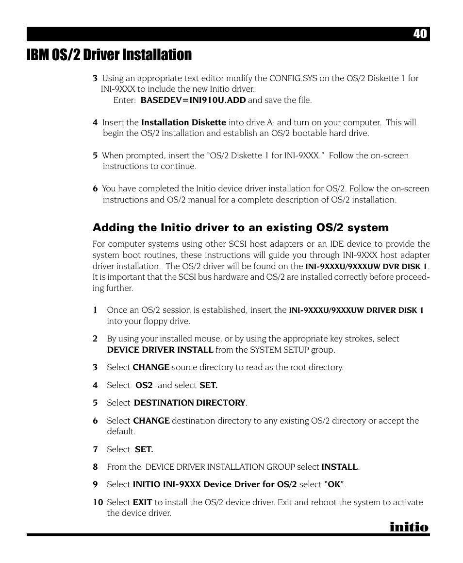 Ibm os/2 driver installation, Initio | Initio I/O HIGHWAY User Manual | Page 44 / 62