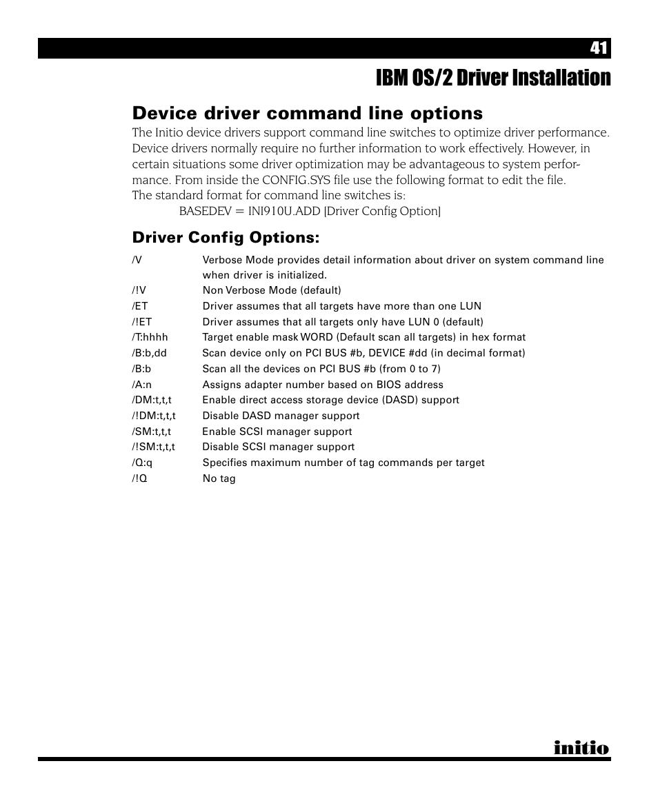 Ibm os/2 driver installation, Initio, Device driver command line options | Driver config options | Initio I/O HIGHWAY User Manual | Page 45 / 62