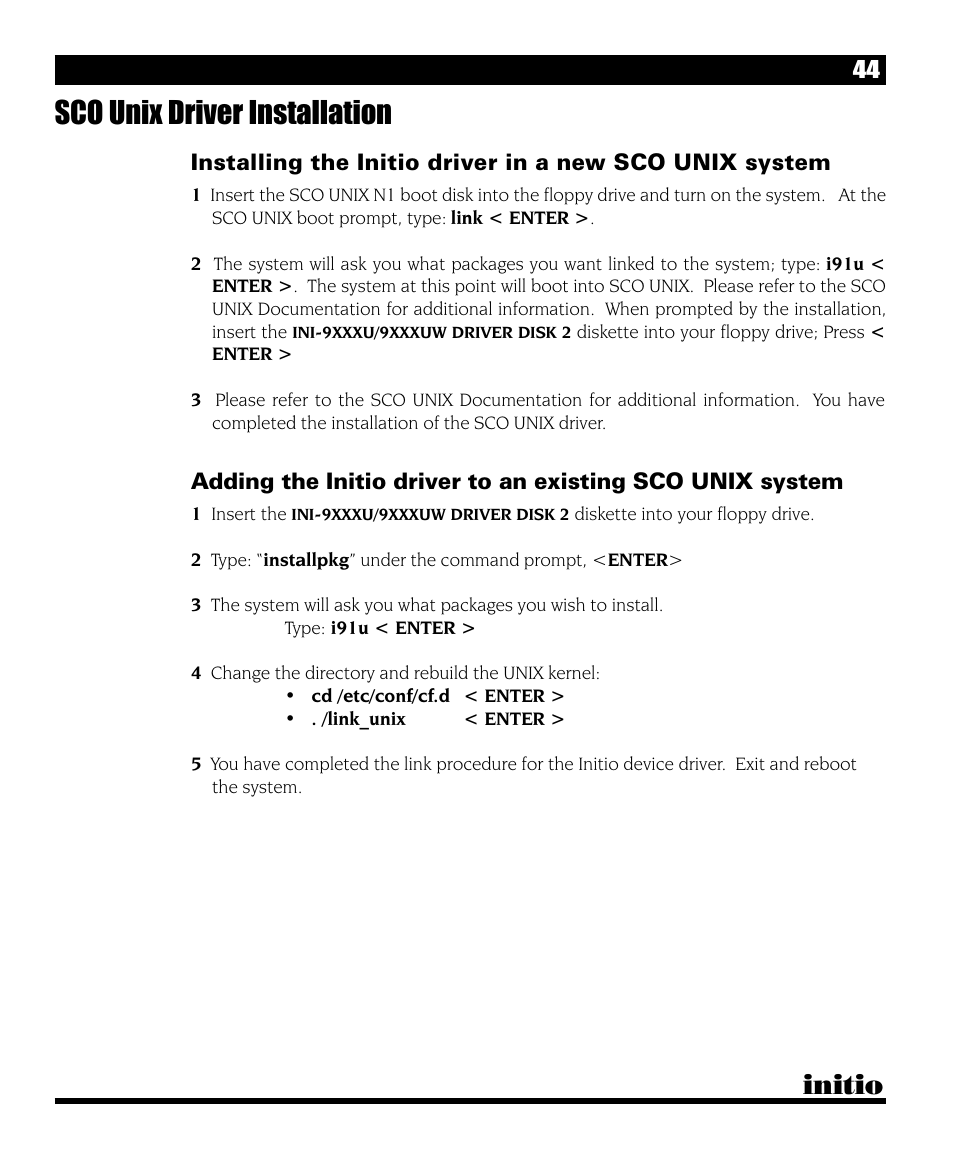 Sco unix driver installation, Initio | Initio I/O HIGHWAY User Manual | Page 48 / 62