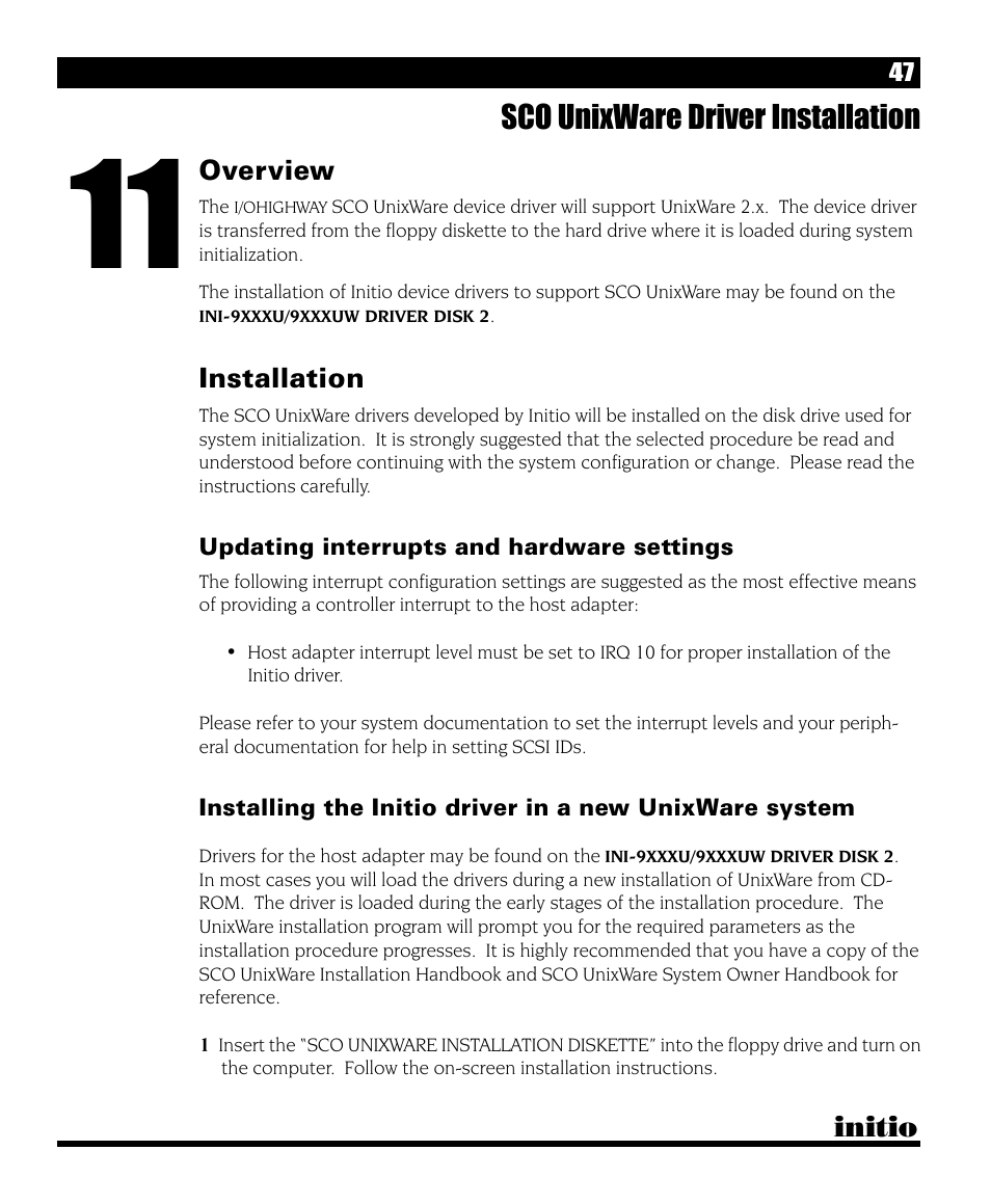 Sco unixware driver installation, Initio, Overview | Installation | Initio I/O HIGHWAY User Manual | Page 51 / 62