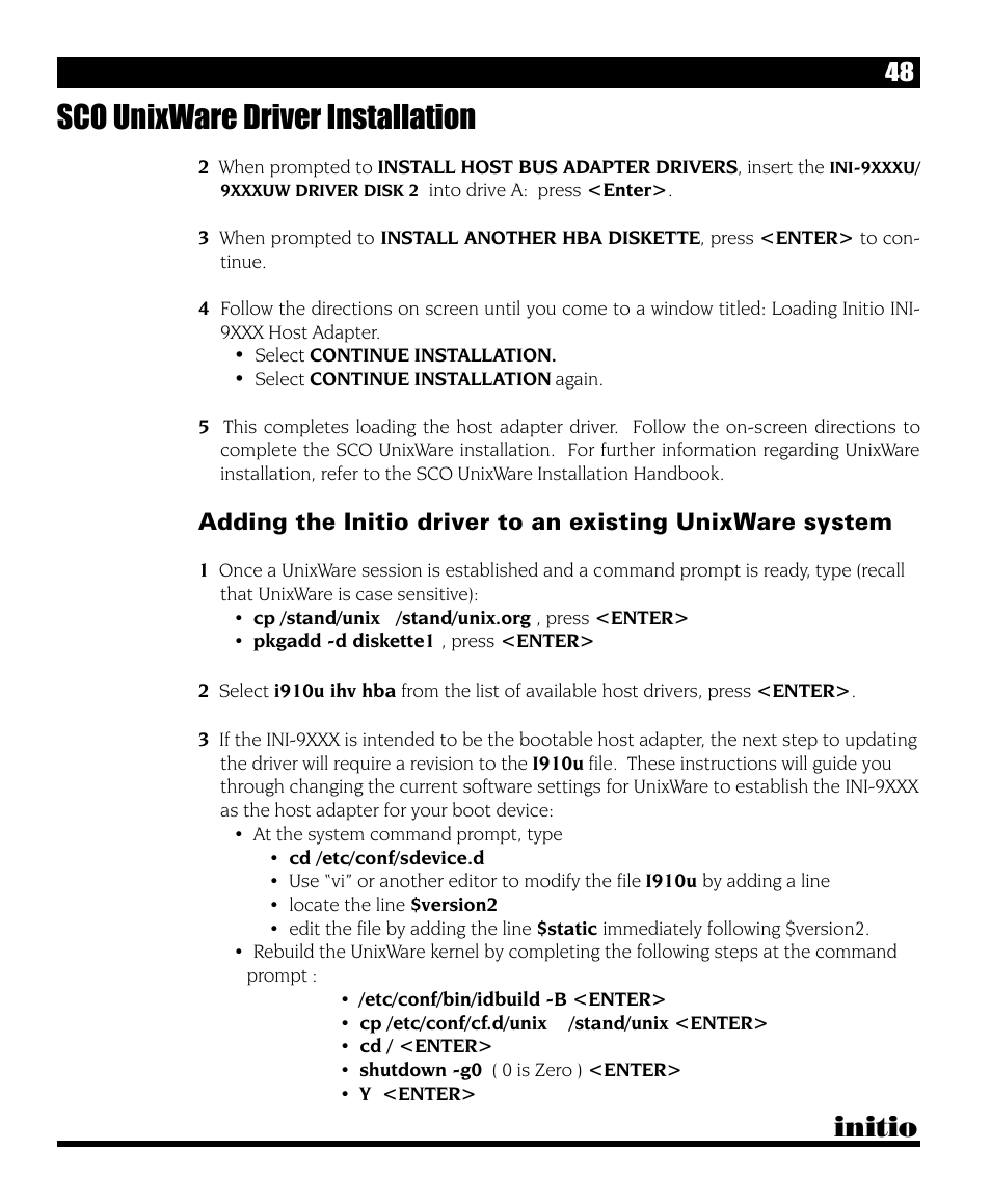 Sco unixware driver installation, Initio | Initio I/O HIGHWAY User Manual | Page 52 / 62