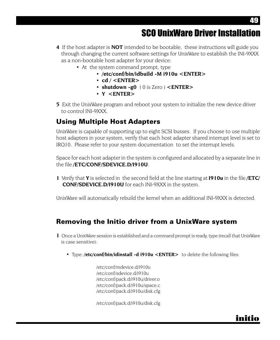 Sco unixware driver installation, Initio, Using multiple host adapters | Removing the initio driver from a unixware system | Initio I/O HIGHWAY User Manual | Page 53 / 62