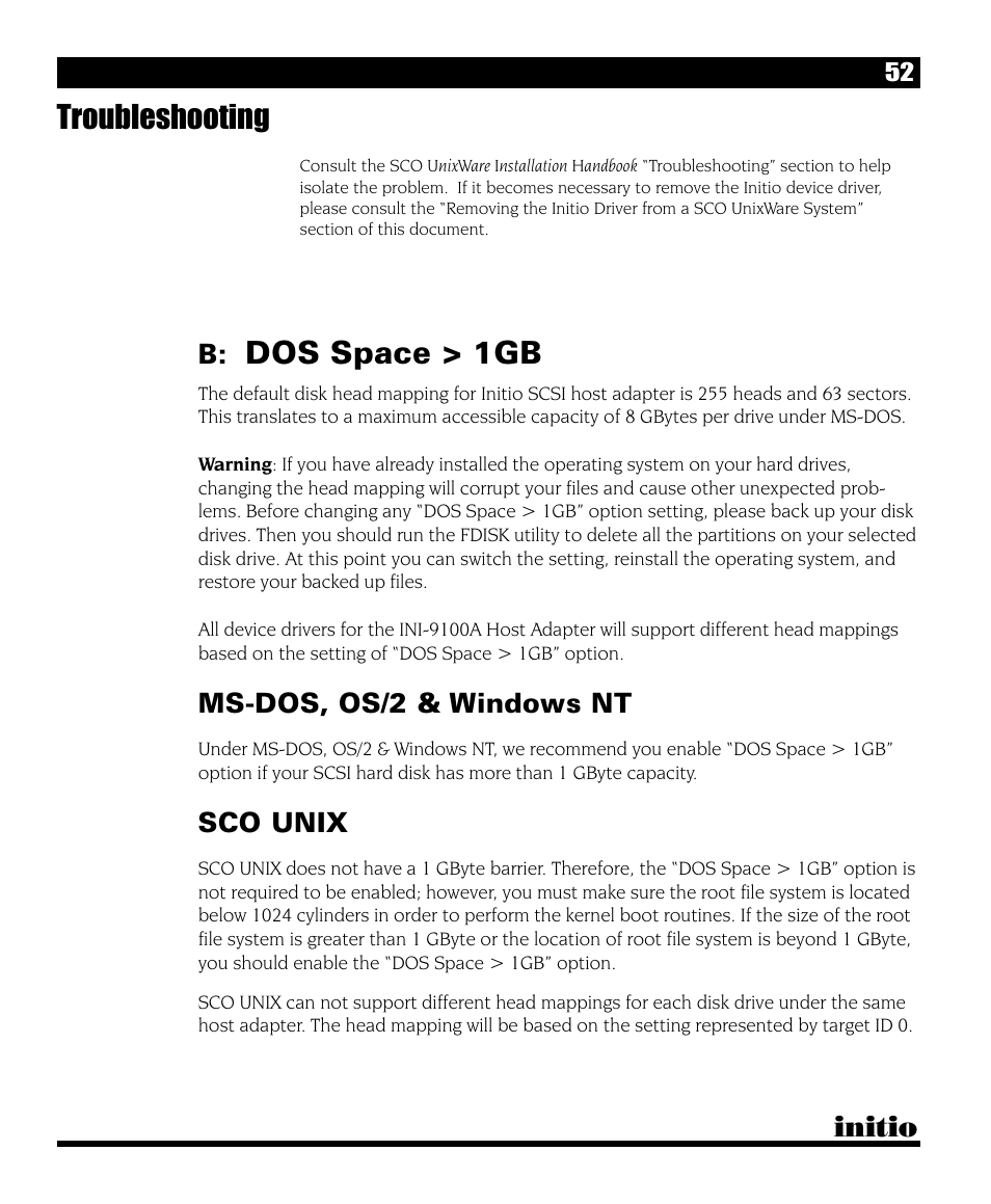 Troubleshooting, Dos space > 1gb, Initio | Ms-dos, os/2 & windows nt, Sco unix | Initio I/O HIGHWAY User Manual | Page 56 / 62