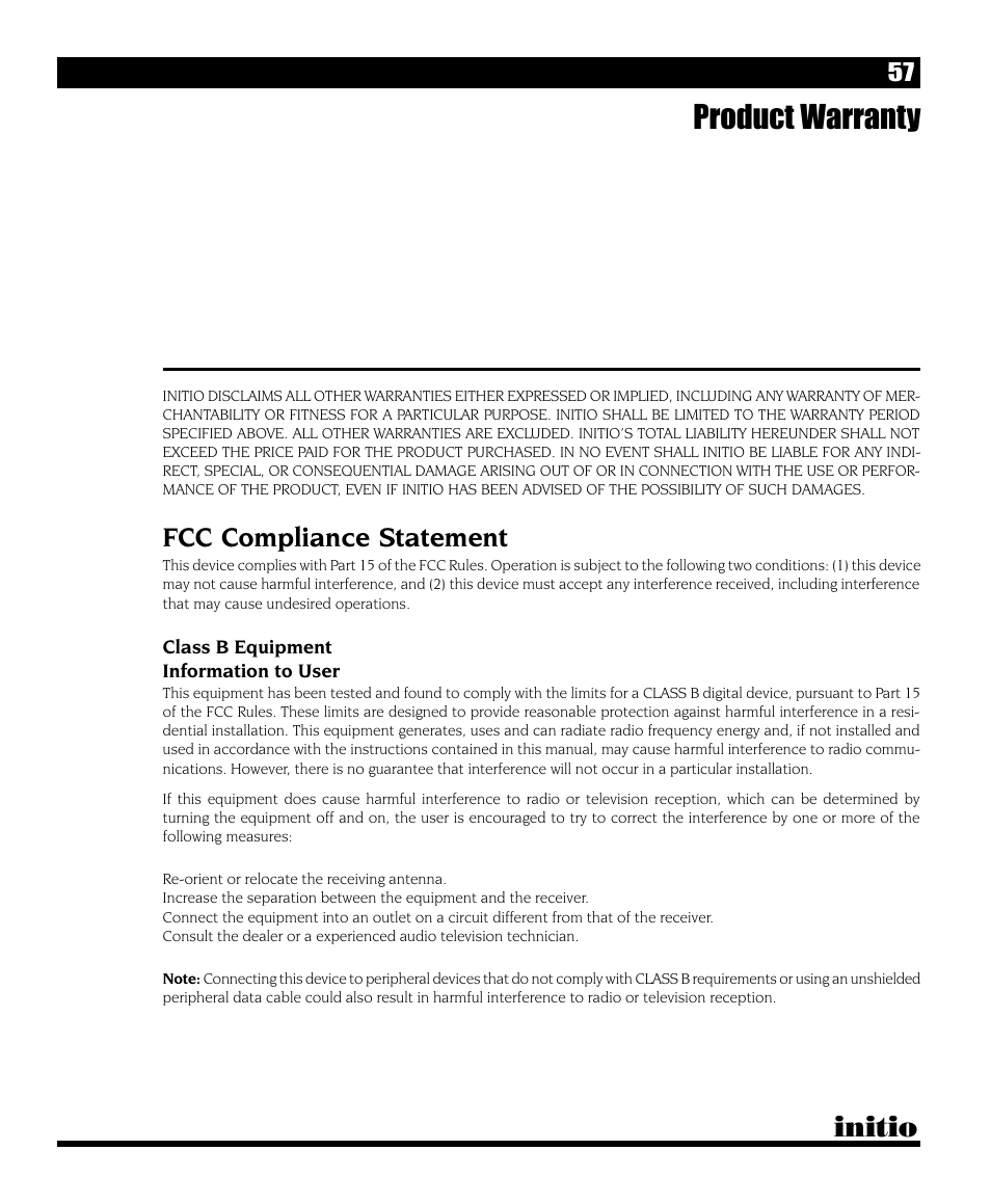 Product warranty, Initio, Fcc compliance statement | Initio I/O HIGHWAY User Manual | Page 61 / 62