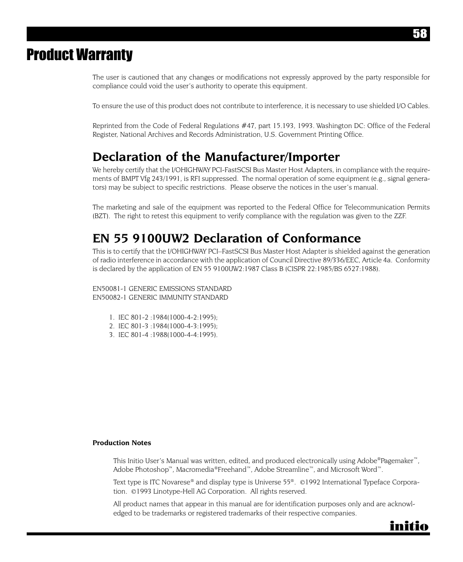 Product warranty, Initio, Declaration of the manufacturer/importer | Initio I/O HIGHWAY User Manual | Page 62 / 62