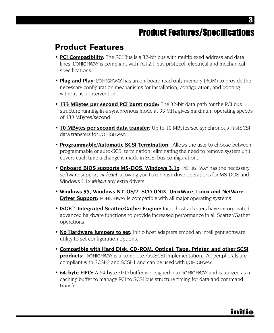 Product features/specifications, Initio, Product features | Initio I/O HIGHWAY User Manual | Page 7 / 62