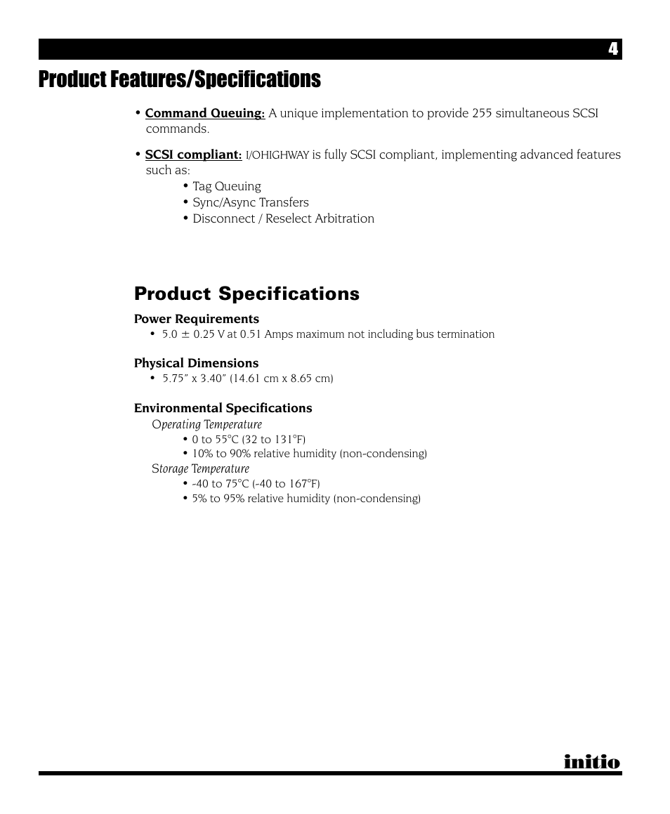 Product features/specifications, Initio, Product specifications | Initio I/O HIGHWAY User Manual | Page 8 / 62