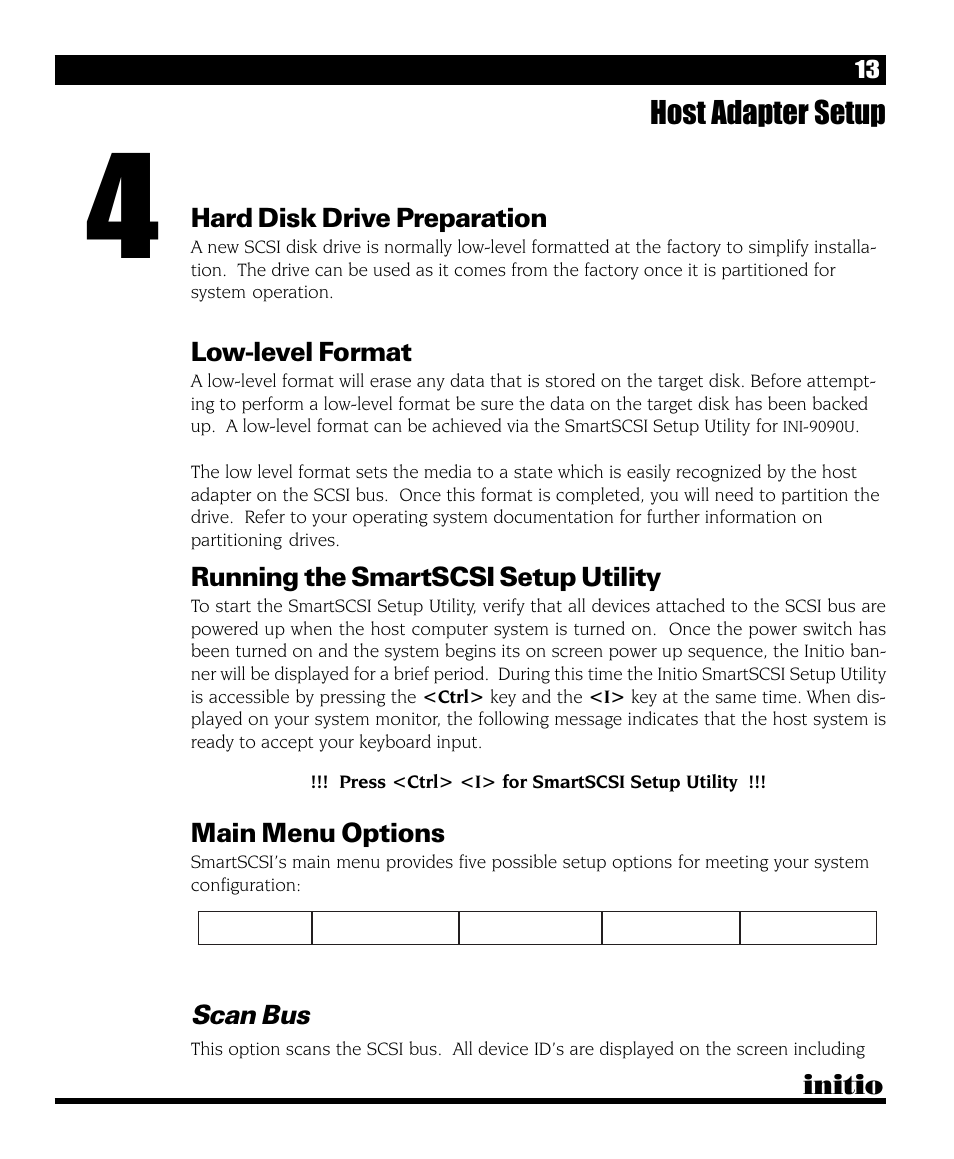 Host adapter setup, Initio, Hard disk drive preparation | Low-level format, Running the smartscsi setup utility, Main menu options, Scan bus | Initio INI-9090U User Manual | Page 17 / 64