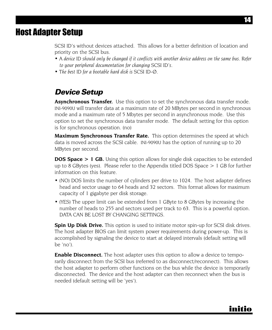 Host adapter setup, Initio, Device setup | Initio INI-9090U User Manual | Page 18 / 64
