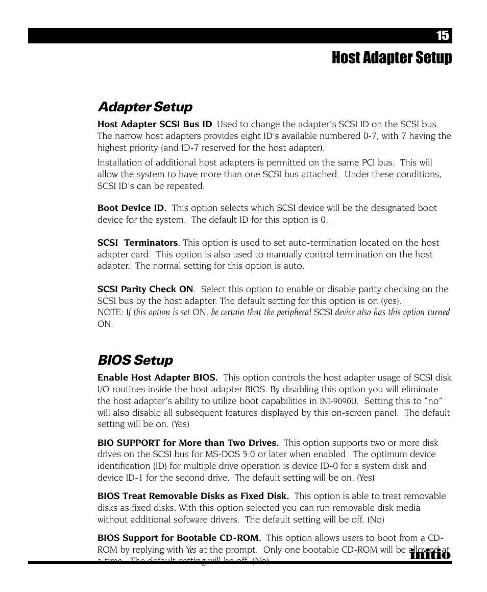 Host adapter setup, Initio, Adapter setup | Bios setup | Initio INI-9090U User Manual | Page 19 / 64