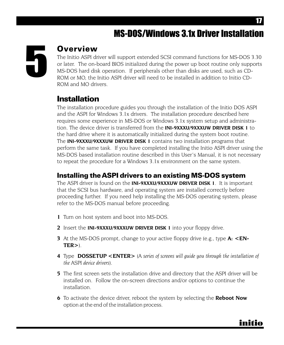 Ms-dos/windows 3.1x driver installation, Initio, Overview | Installation | Initio INI-9090U User Manual | Page 21 / 64