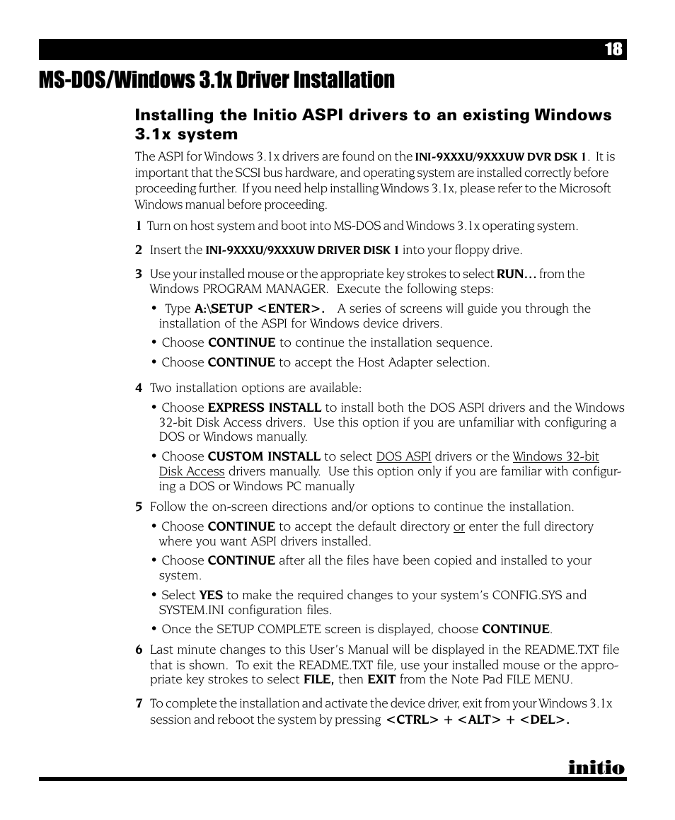 Ms-dos/windows 3.1x driver installation, Initio | Initio INI-9090U User Manual | Page 22 / 64