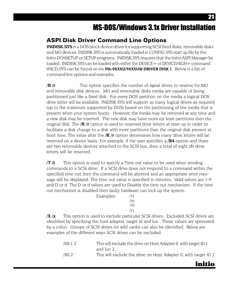 Ms-dos/windows 3.1x driver installation, Initio, Aspi disk driver command line options | Initio INI-9090U User Manual | Page 25 / 64