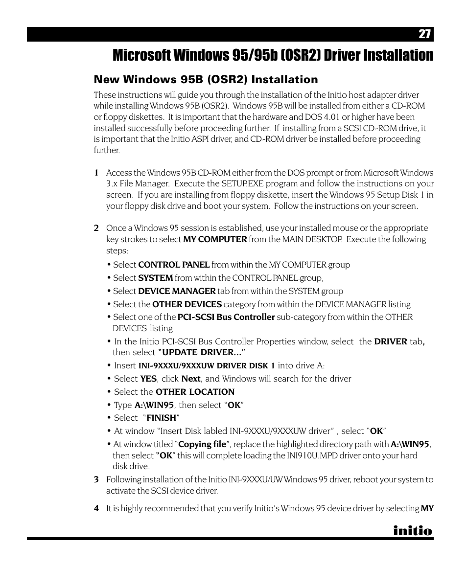 Initio, New windows 95b (osr2) installation | Initio INI-9090U User Manual | Page 31 / 64