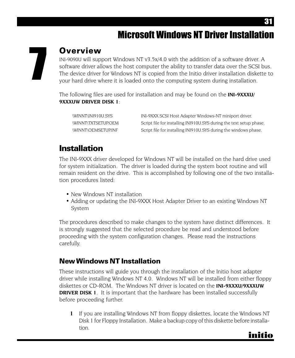 Microsoft windows nt driver installation, Initio, Overview | Installation | Initio INI-9090U User Manual | Page 35 / 64