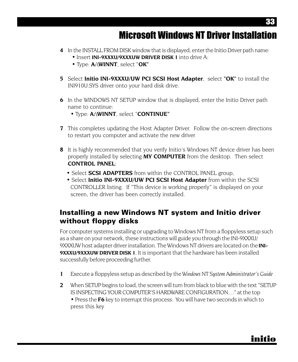 Microsoft windows nt driver installation, Initio | Initio INI-9090U User Manual | Page 37 / 64