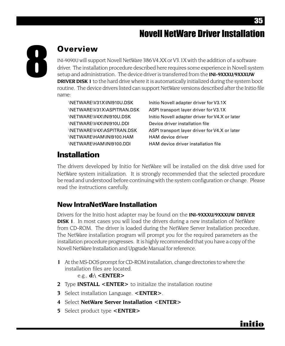 Novell netware driver installation, Initio, Overview | Installation | Initio INI-9090U User Manual | Page 39 / 64