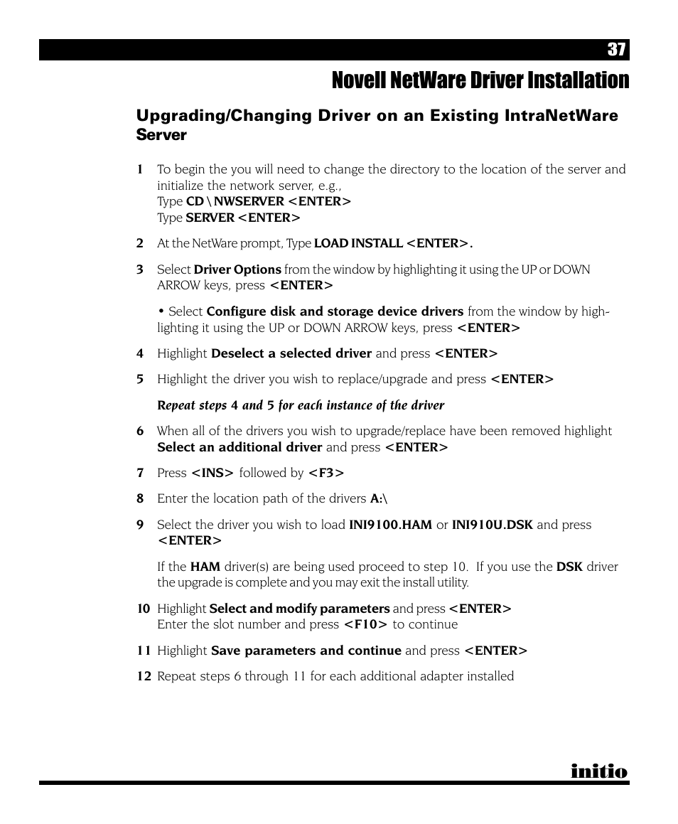 Novell netware driver installation, Initio | Initio INI-9090U User Manual | Page 41 / 64