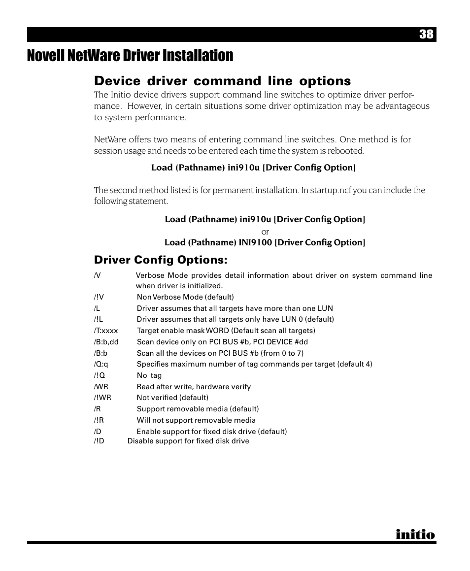 Novell netware driver installation, Initio, Device driver command line options | Driver config options | Initio INI-9090U User Manual | Page 42 / 64