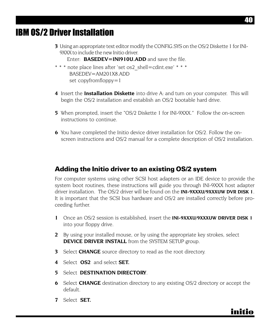 Ibm os/2 driver installation, Initio | Initio INI-9090U User Manual | Page 44 / 64