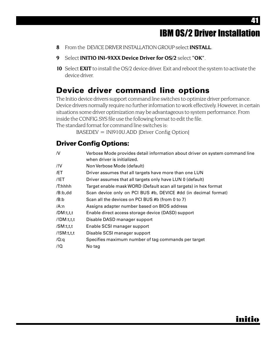 Ibm os/2 driver installation, Initio, Device driver command line options | Driver config options | Initio INI-9090U User Manual | Page 45 / 64