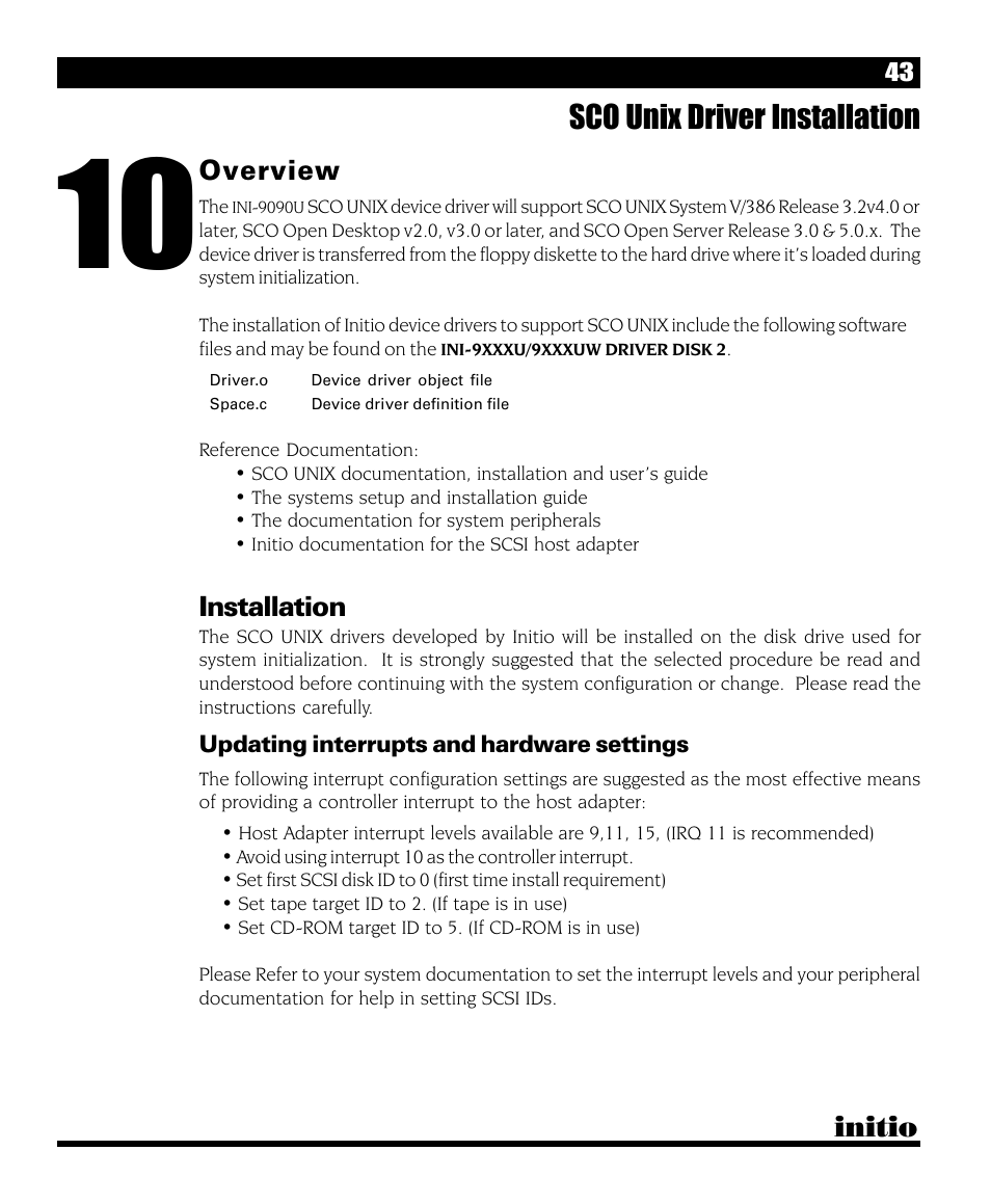 Sco unix driver installation, Initio, Overview | Installation | Initio INI-9090U User Manual | Page 47 / 64