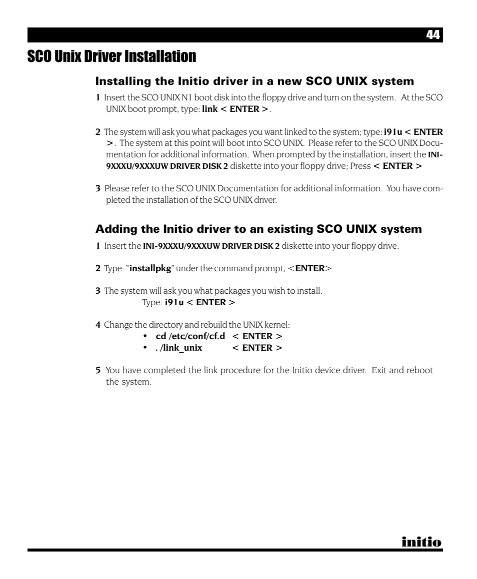 Sco unix driver installation, Initio | Initio INI-9090U User Manual | Page 48 / 64