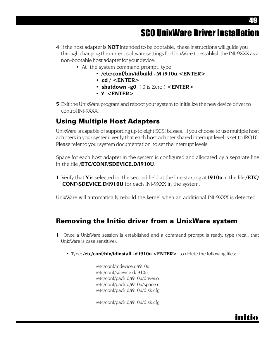 Sco unixware driver installation, Initio, Using multiple host adapters | Removing the initio driver from a unixware system | Initio INI-9090U User Manual | Page 53 / 64