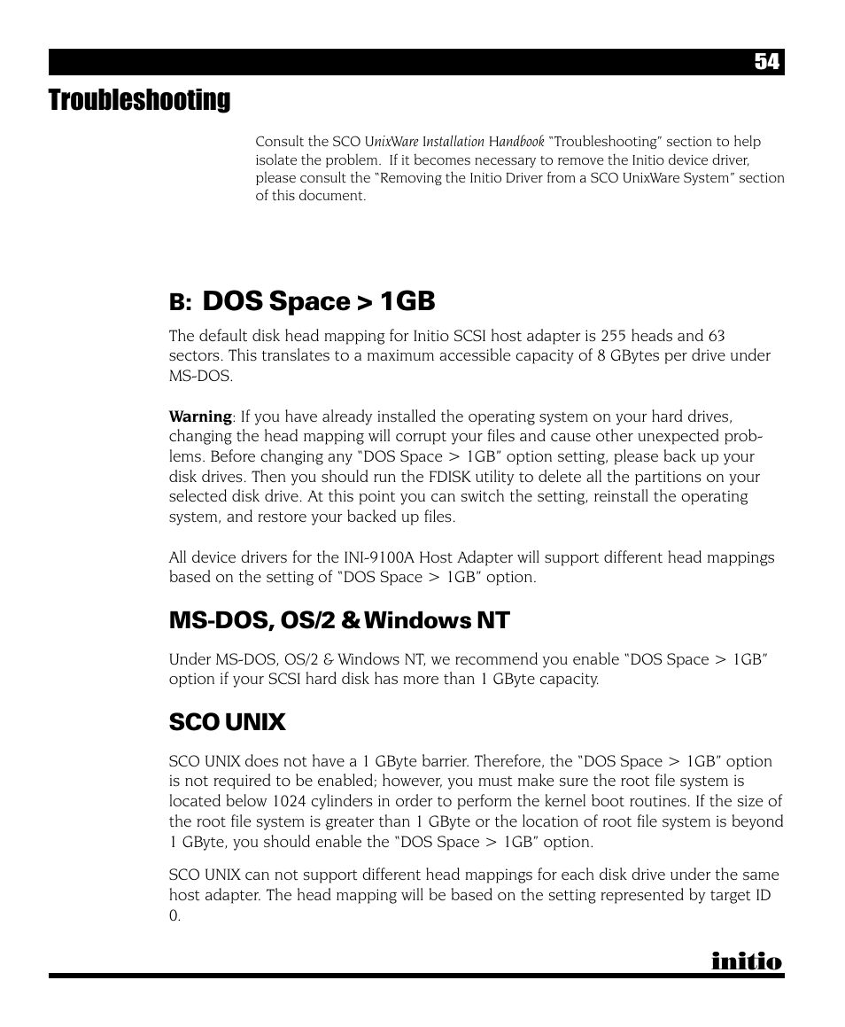 Troubleshooting, Dos space > 1gb, Initio | Ms-dos, os/2 & windows nt, Sco unix | Initio INI-9090U User Manual | Page 58 / 64