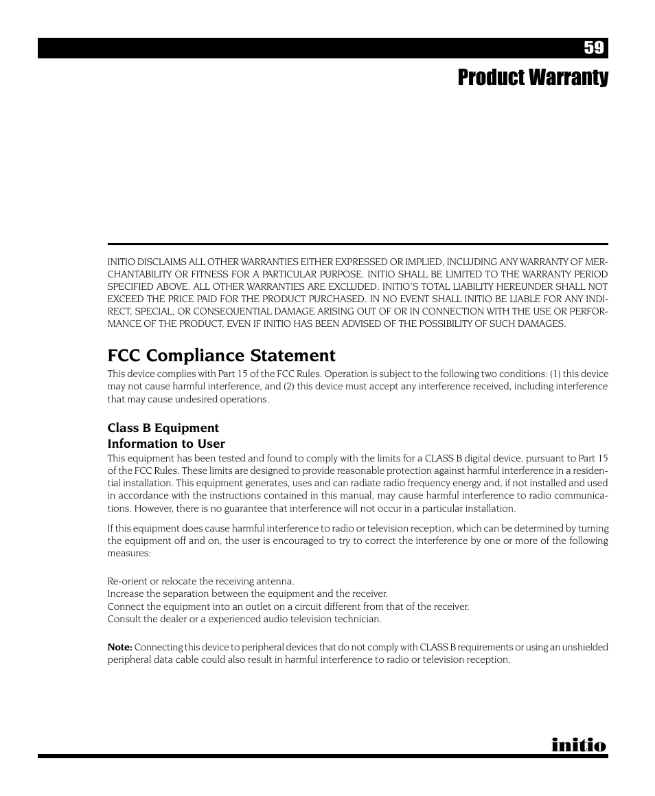 Product warranty, Initio, Fcc compliance statement | Initio INI-9090U User Manual | Page 63 / 64