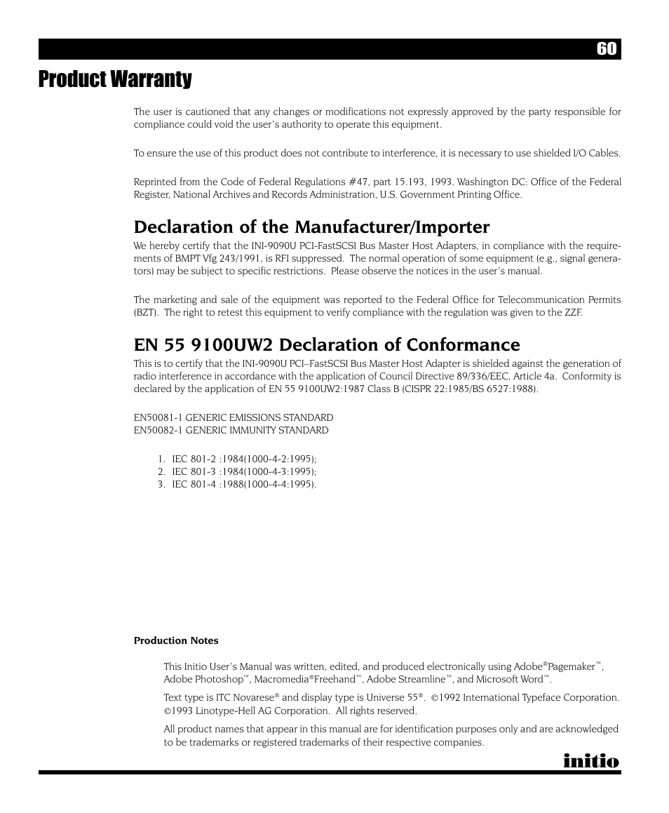 Product warranty, Initio, Declaration of the manufacturer/importer | Initio INI-9090U User Manual | Page 64 / 64