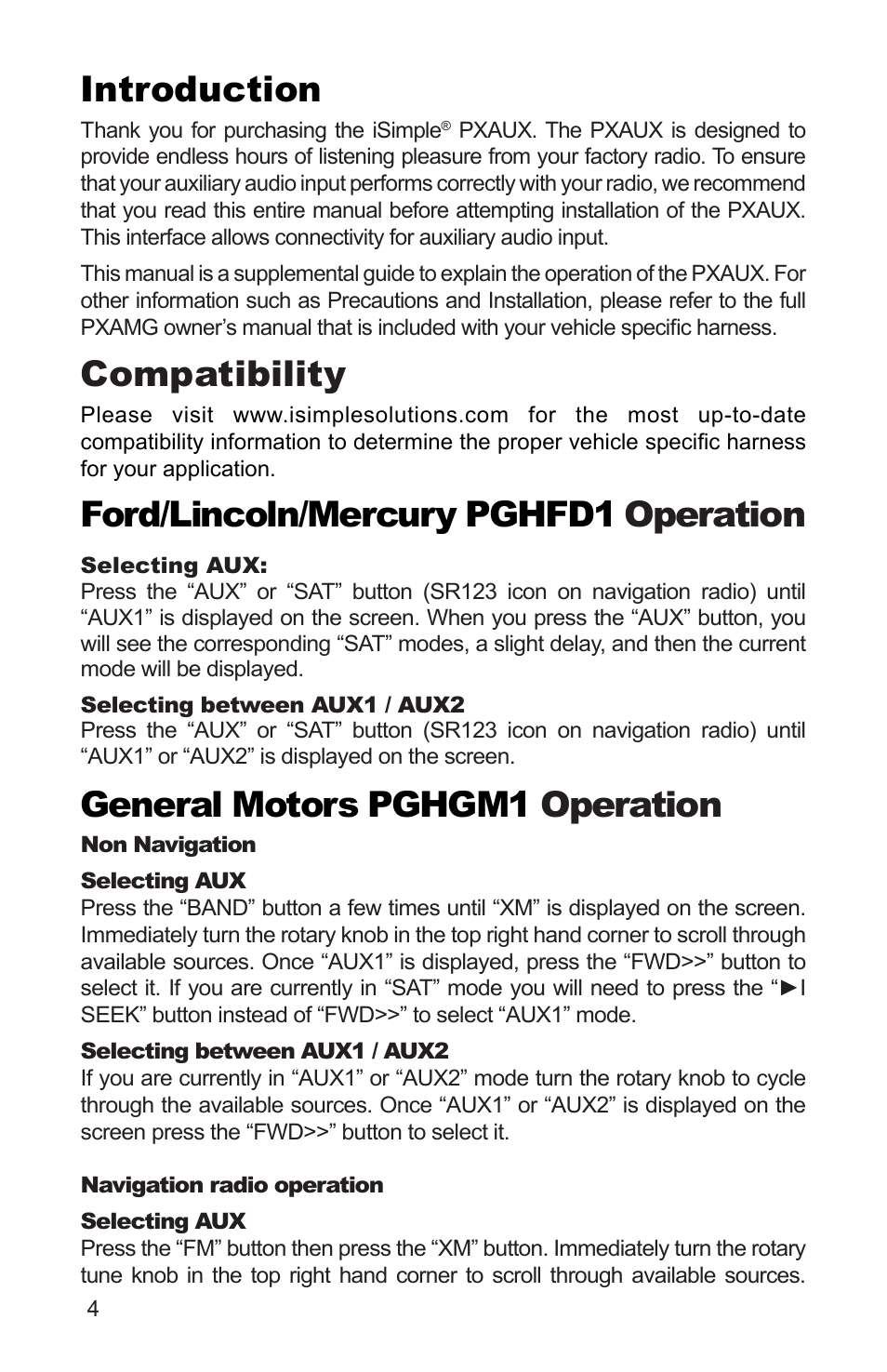 Introduction, Compatibility, Ford/lincoln/mercury pghfd1 operation | General motors pghgm1 operation | iSimple DUALINK PGHVW2 User Manual | Page 4 / 8