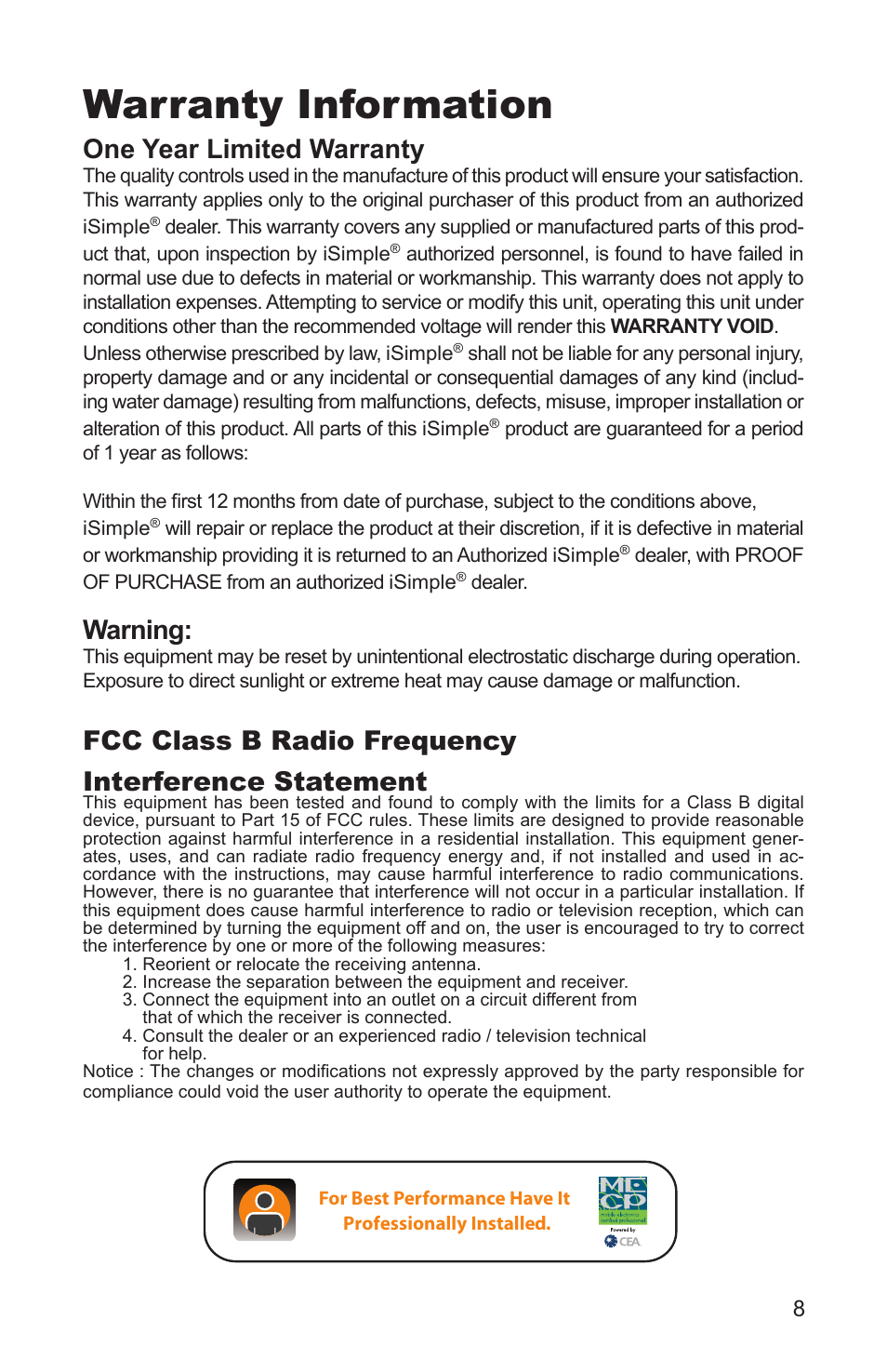Warranty information, One year limited warranty, Warning | Fcc class b radio frequency interference statement | iSimple DUALINK PGHVW2 User Manual | Page 8 / 8