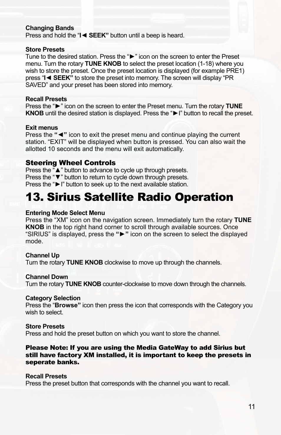 Sirius satellite radio operation | iSimple IPOD PXAMG User Manual | Page 13 / 17