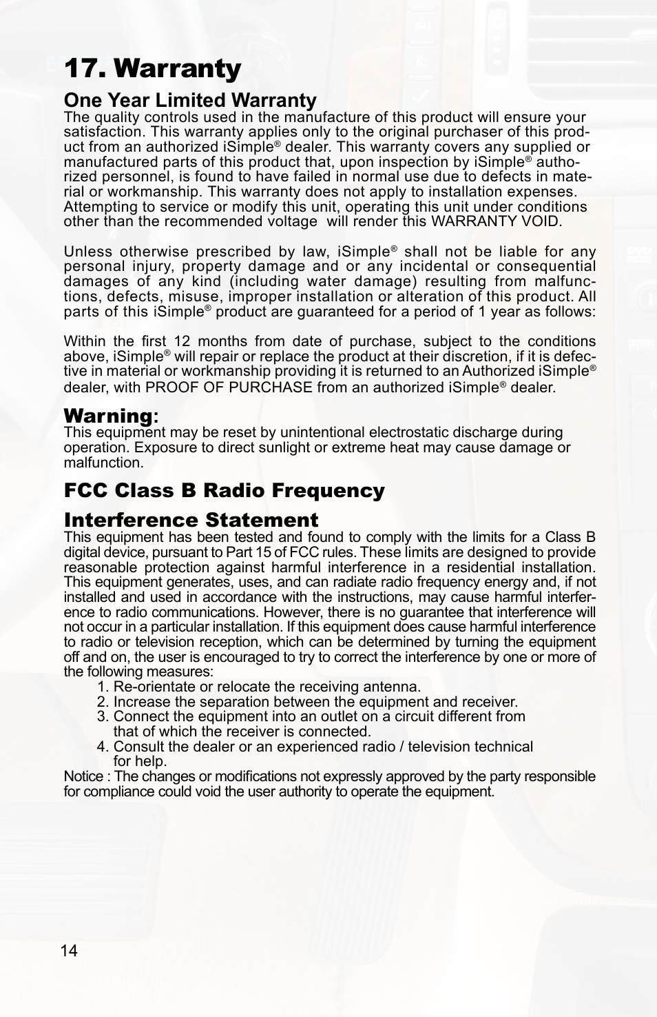 Warranty, One year limited warranty, Warning | Fcc class b radio frequency interference statement | iSimple IPOD PXAMG User Manual | Page 16 / 17