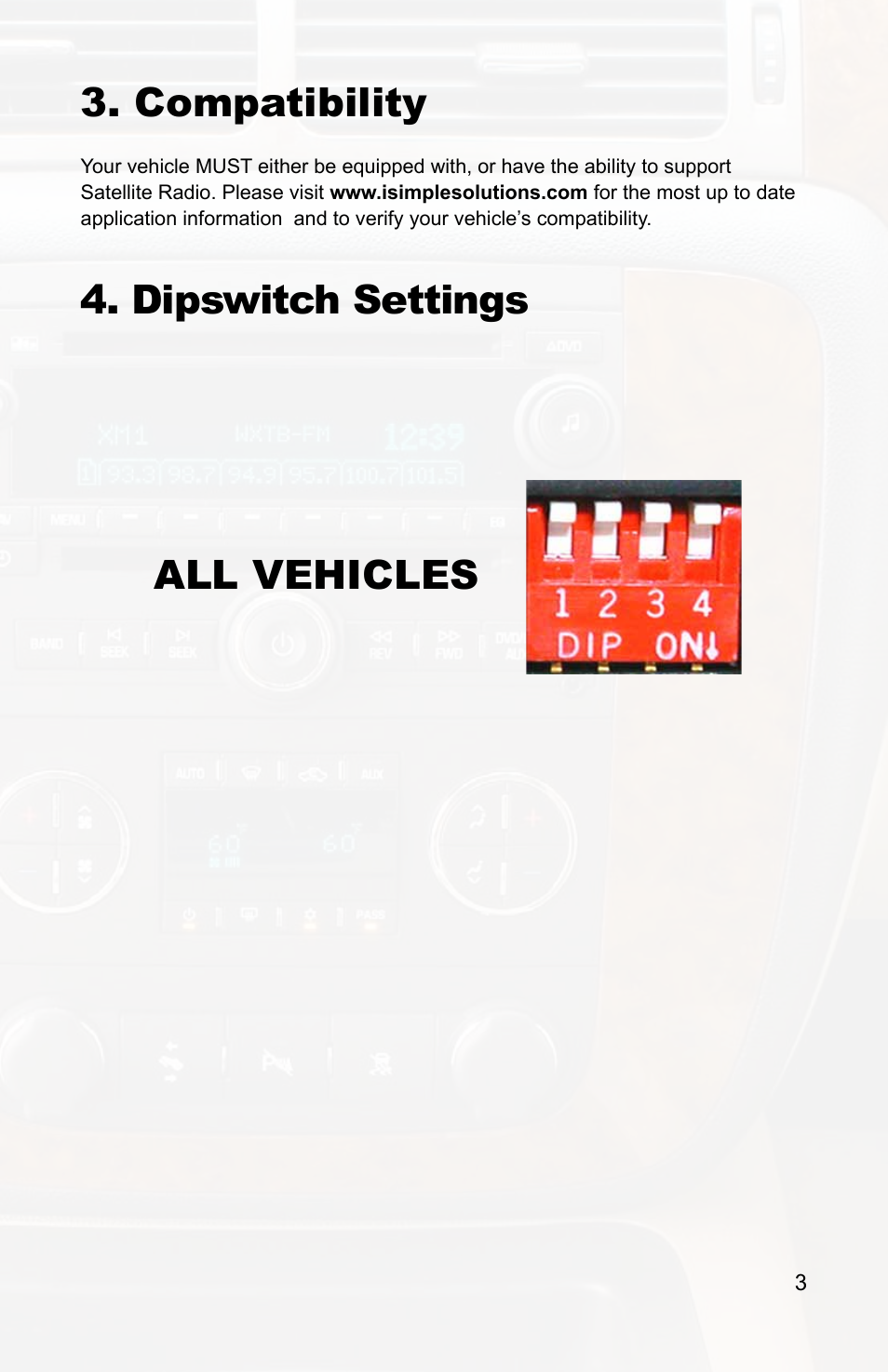 Compatibility, Dipswitch settings all vehicles | iSimple IPOD PXAMG User Manual | Page 5 / 17