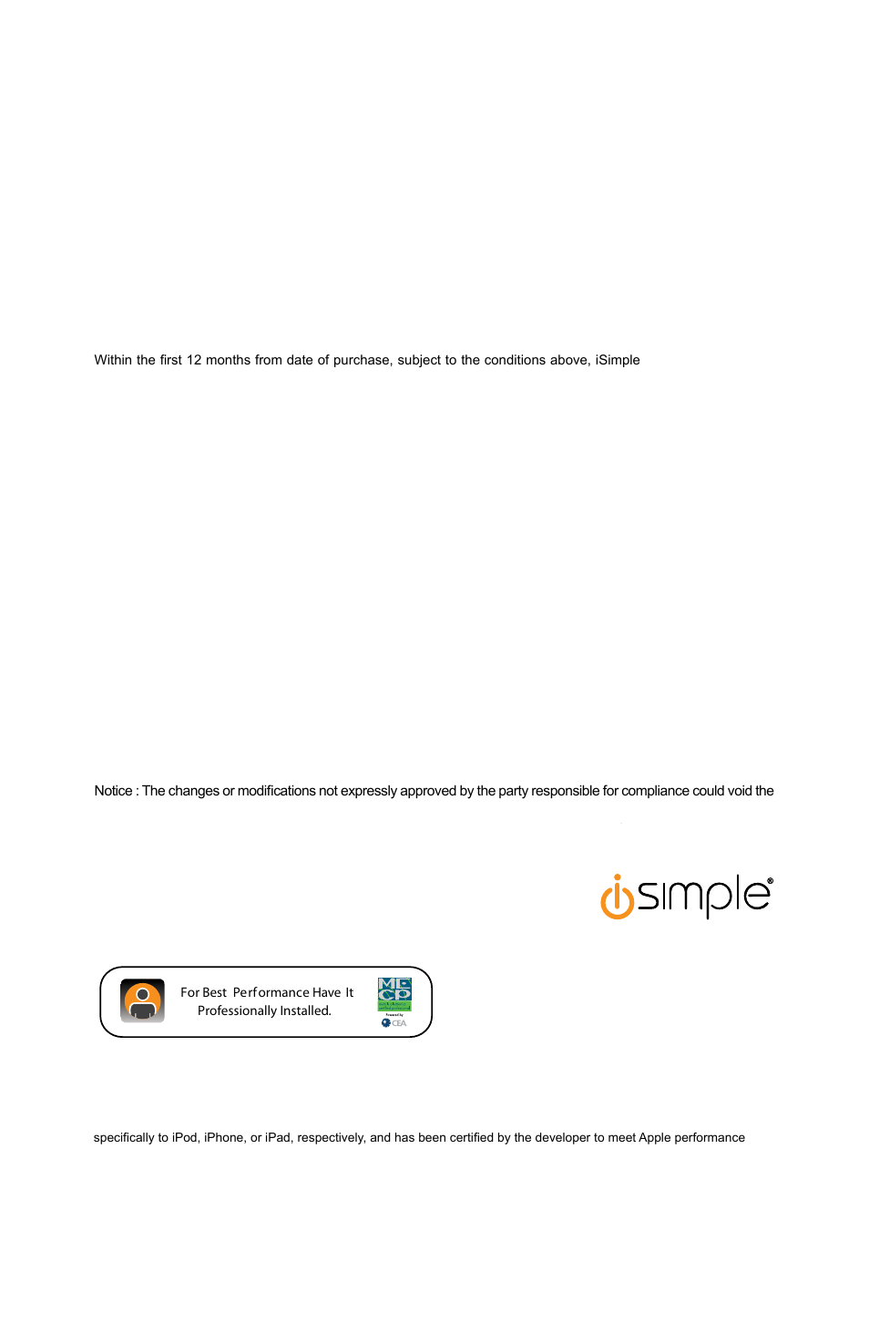 Warranty, One year limited warranty, Warning | Fcc class b radio frequency interference statement | iSimple IS76PRO User Manual | Page 4 / 4