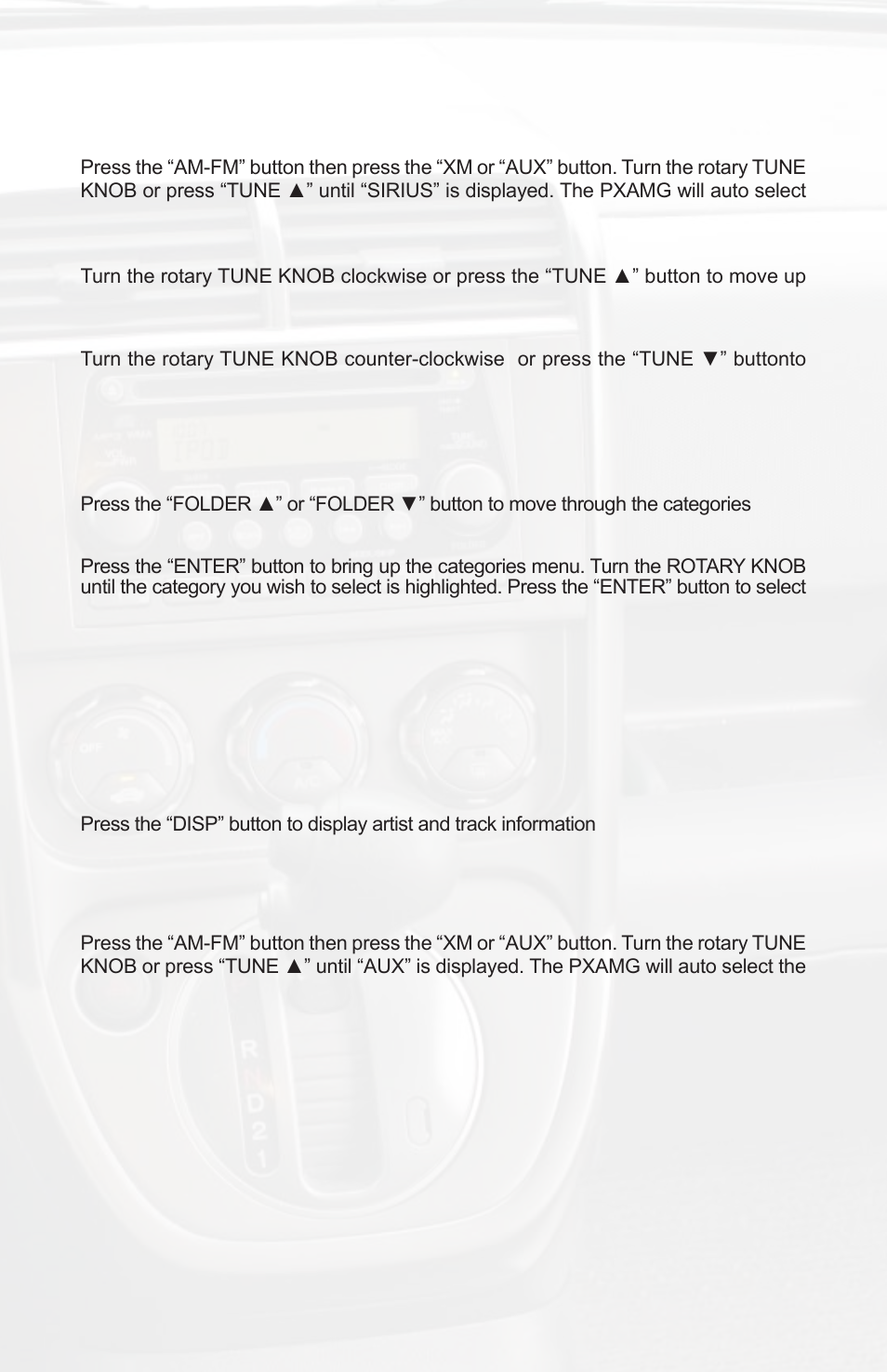 Sirius satellite radio operation, Selecting aux input | iSimple ISHD11 User Manual | Page 7 / 12